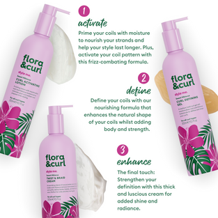 Simplified hair styling routine for coily hair from Flora & Curl.